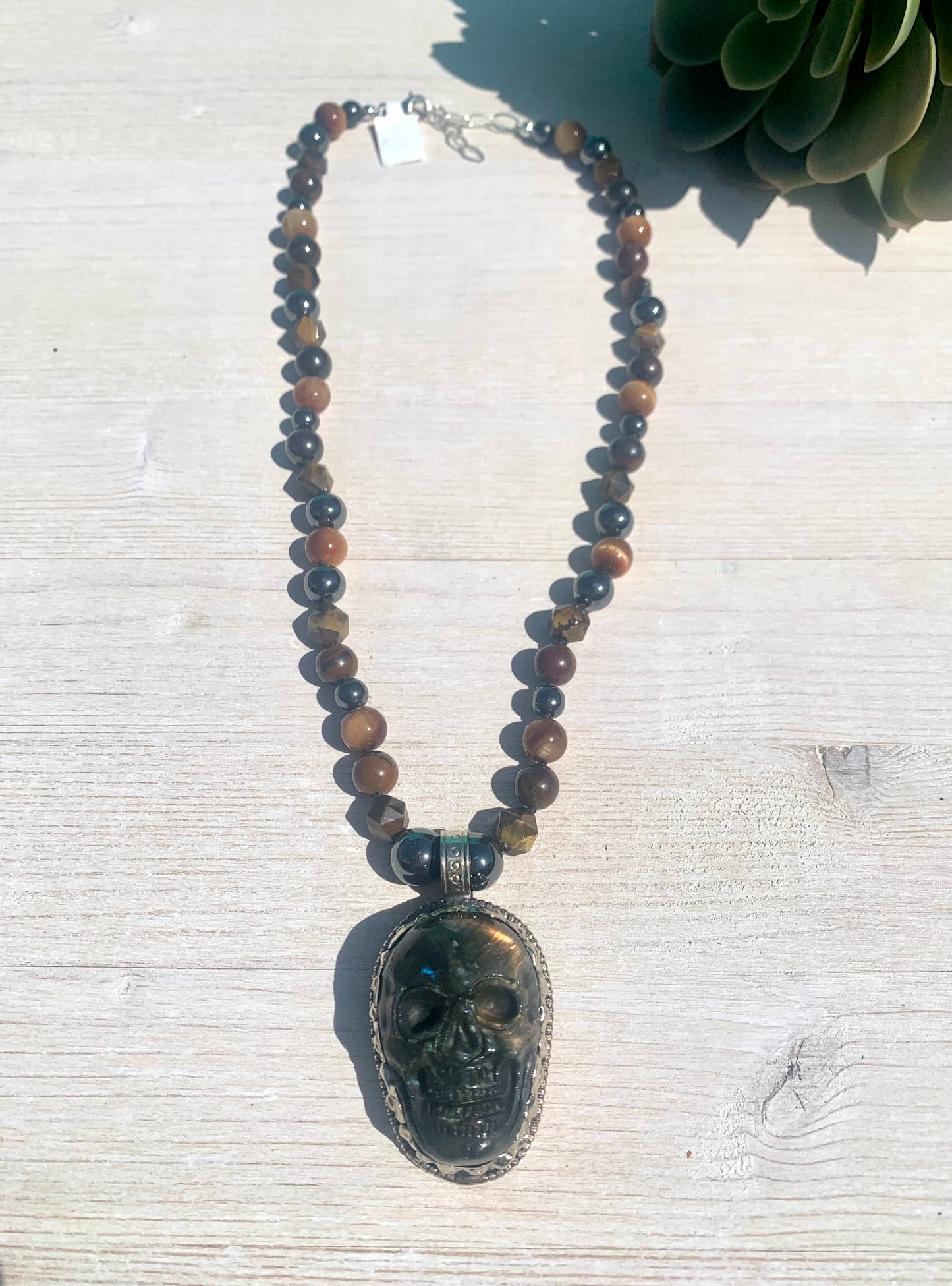 Tigers eye and Labradorite Skull Necklace