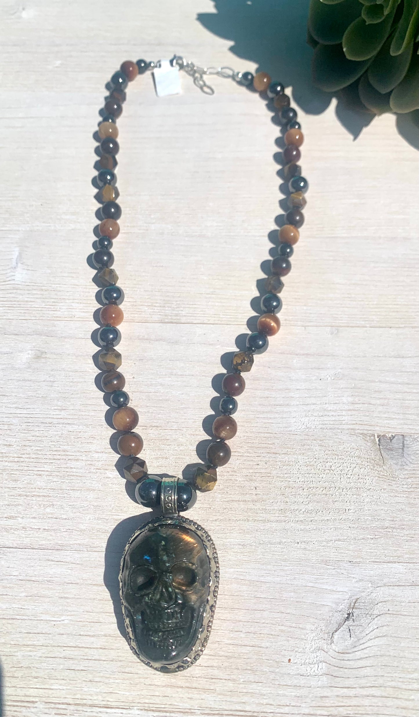 Tigers eye and Labradorite Skull Necklace