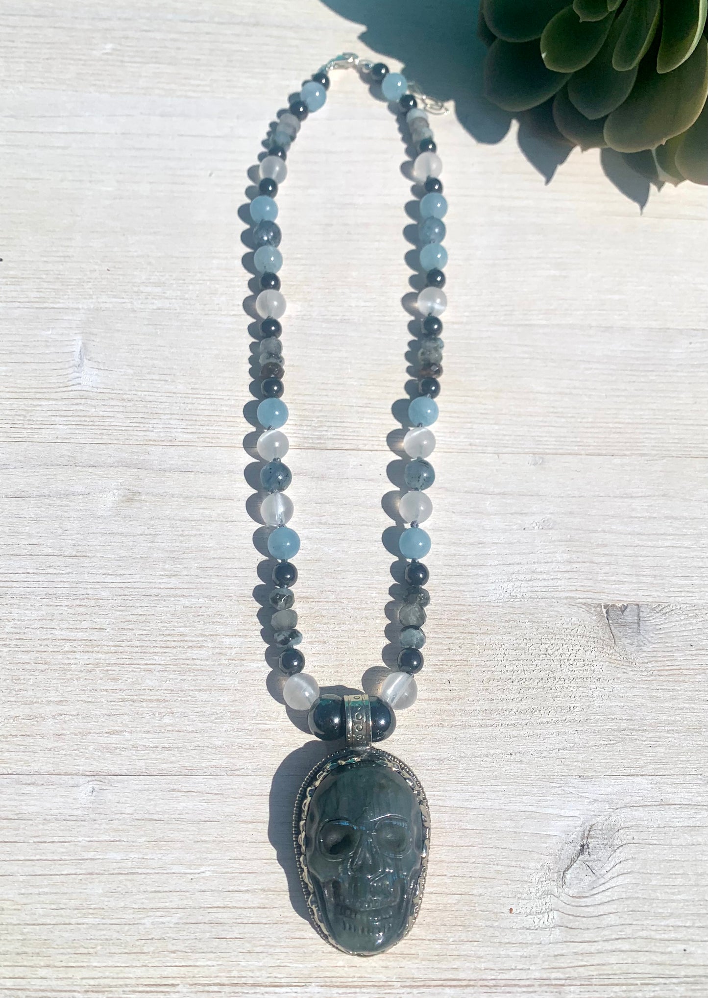 Aquamarine and Labradorite skull Necklace