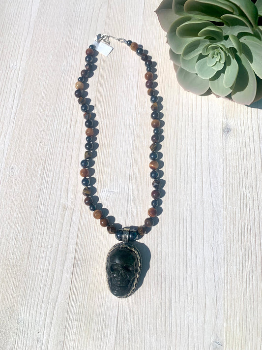Tigers eye and Labradorite Skull Necklace