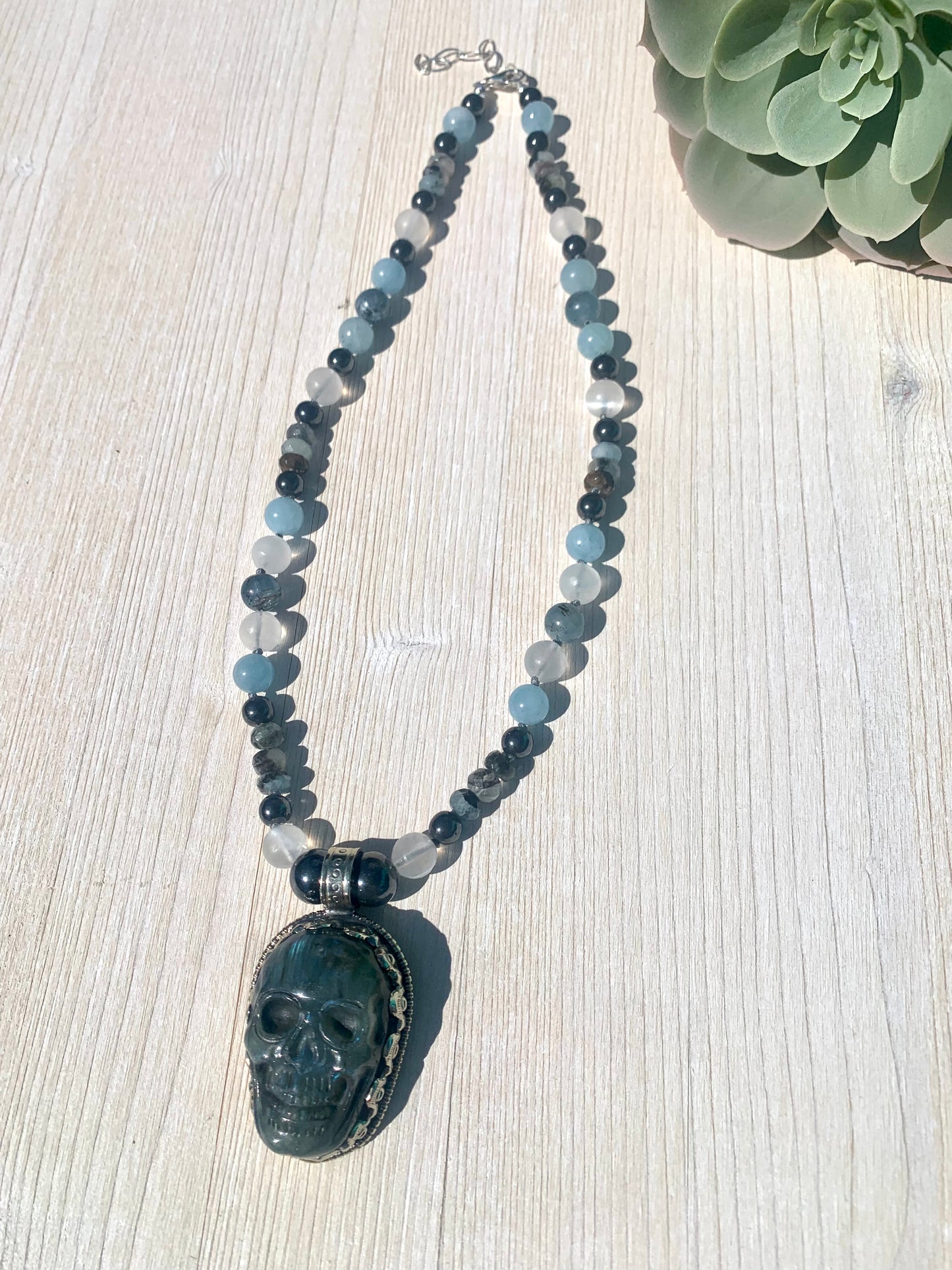 Aquamarine and Labradorite skull Necklace